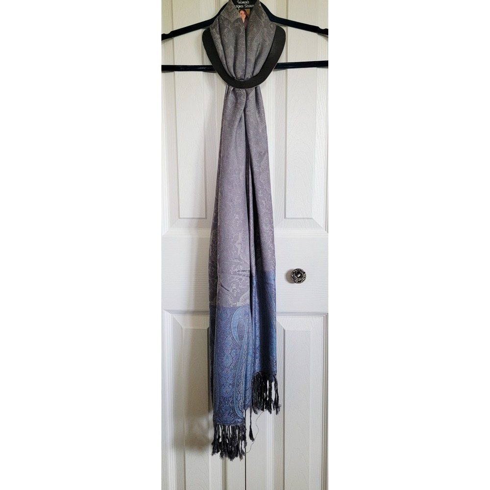 Nicole Paisley Scarf Gray Blue Pashmina Shawl Wrap Fringed Soft Elegant NEW